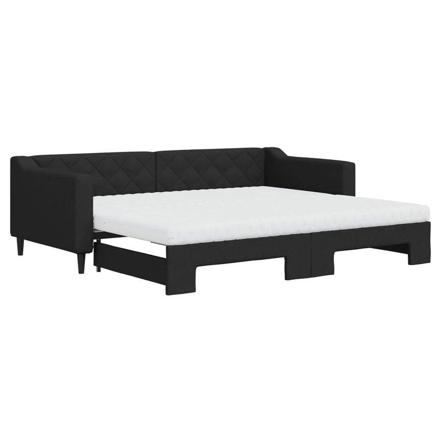 Slaapbank met onderschuifbed en matrassen 90x200 cm stof zwart 90 x 200 cm Zwart met onderschuifbed en matras