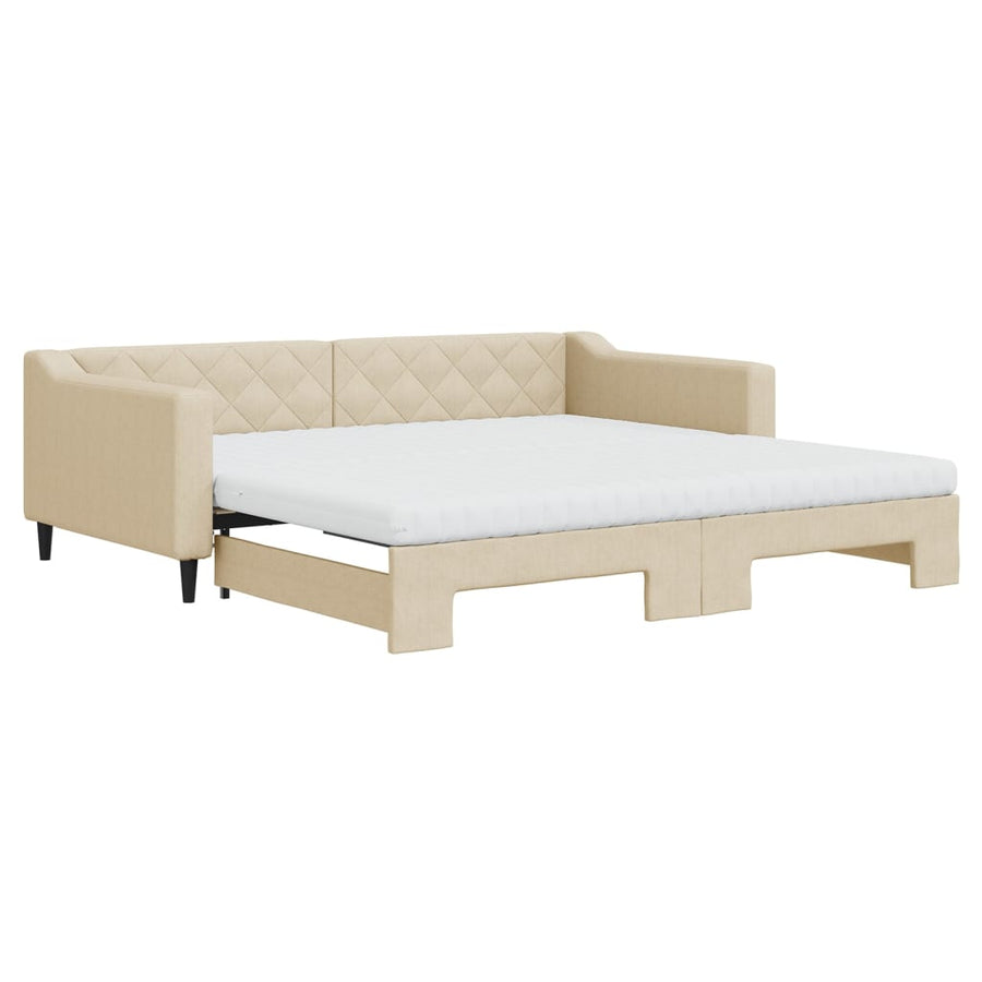 Slaapbank met onderschuifbed en matrassen 100x200 cm stof crème 100 x 200 cm Crème met onderschuifbed en matras