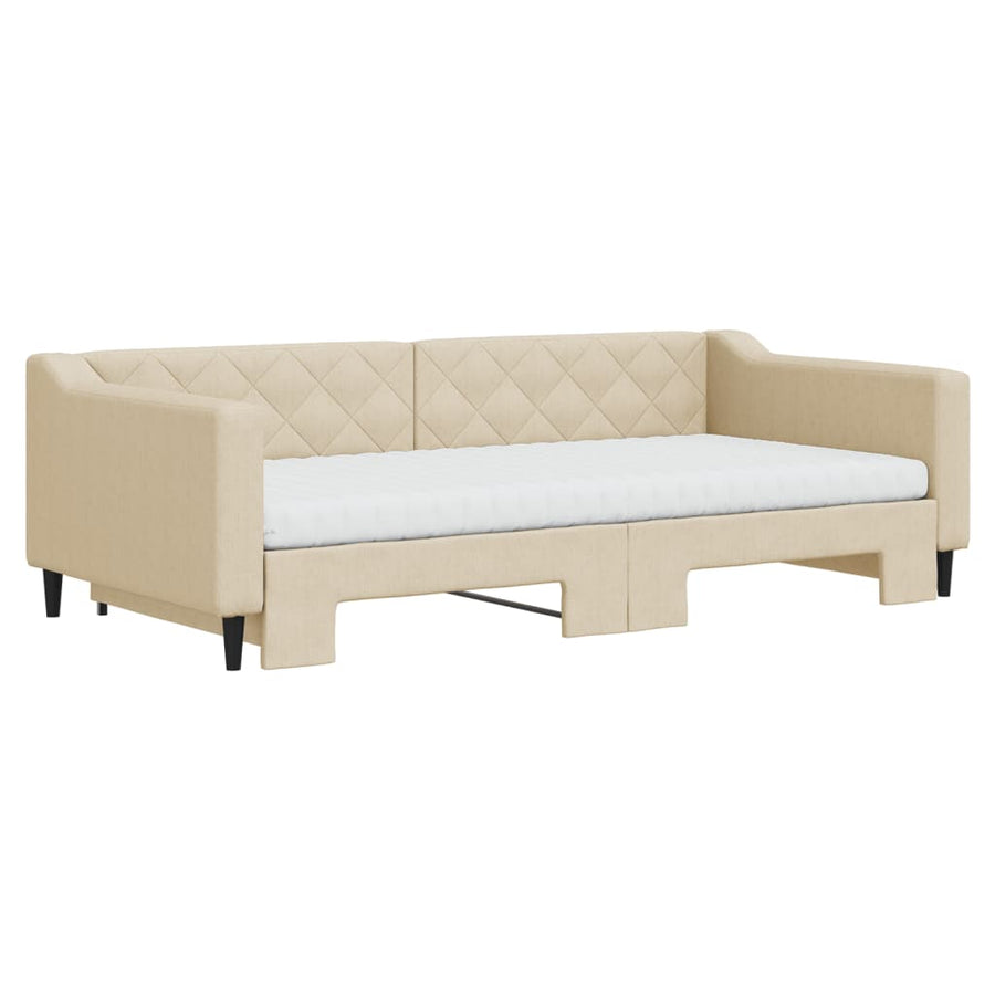 Slaapbank met onderschuifbed en matrassen 100x200 cm stof crème 100 x 200 cm Crème met onderschuifbed en matras