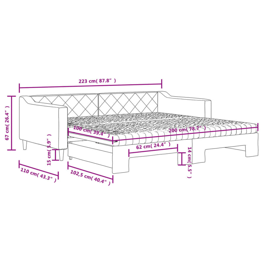 Slaapbank met onderschuifbed en matrassen 100x200 cm stof crème 100 x 200 cm Crème met onderschuifbed en matras