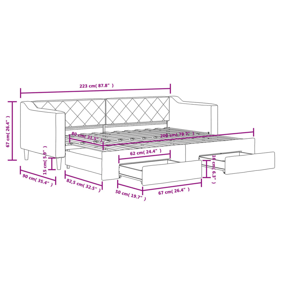 Slaapbank met onderschuifbed en lades 80x200 cm stof lichtgrijs