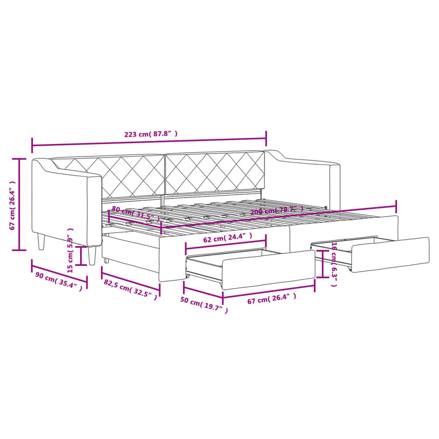 Slaapbank met onderschuifbed en lades 80x200 cm stof crèmekleur 80 x 200 cm Crème