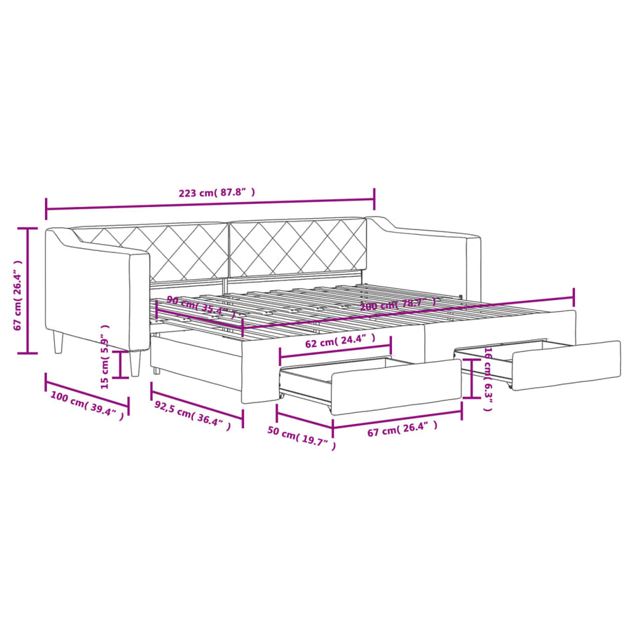 Slaapbank met onderschuifbed en lades 90x200 cm stof zwart 90 x 200 cm Zwart met onderschuifbed en lade