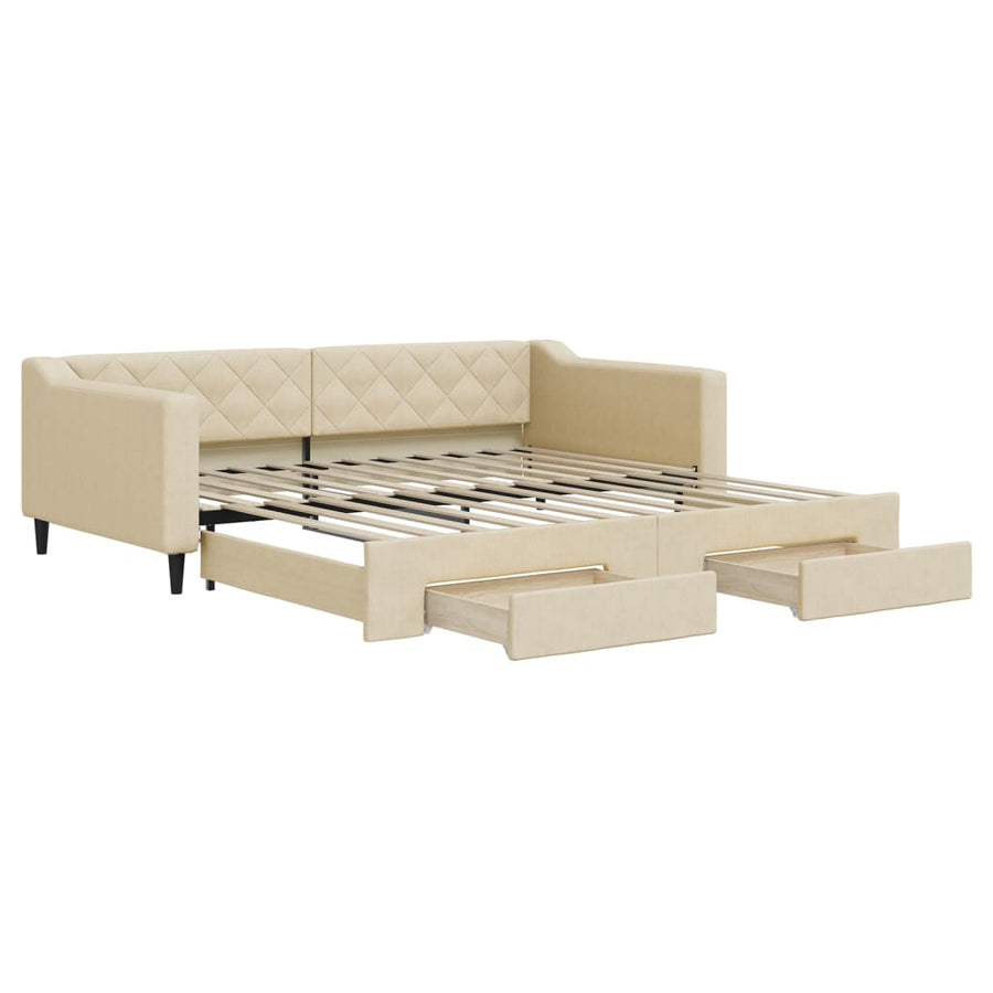 Slaapbank met onderschuifbed en lades 100x200 cm stof crème 100 x 200 cm Crème met onderschuifbed en lade