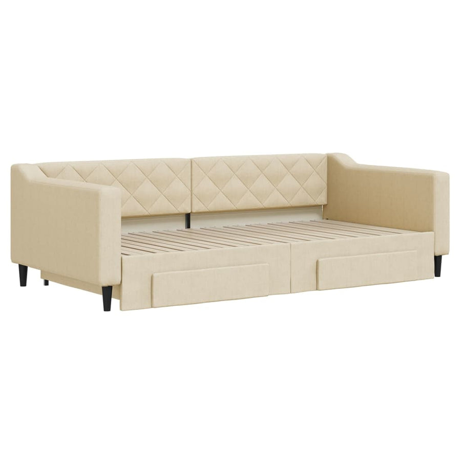 Slaapbank met onderschuifbed en lades 100x200 cm stof crème 100 x 200 cm Crème met onderschuifbed en lade