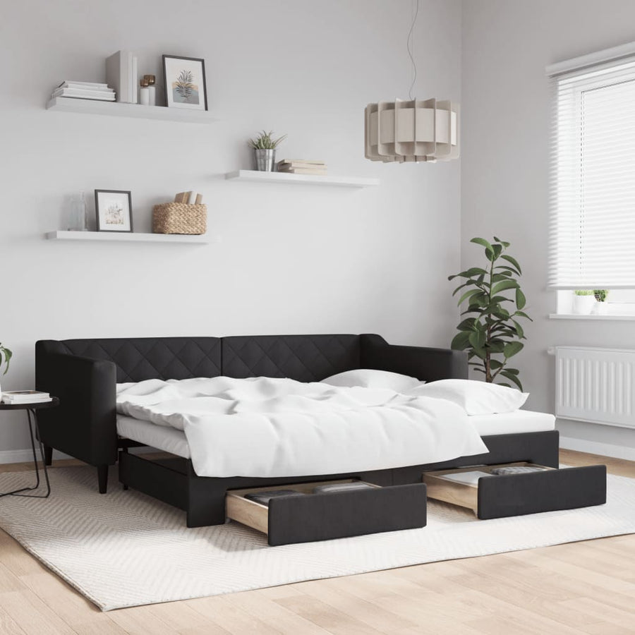 Slaapbank S Stof 90 x 190 cm Zwart met onderschuifbed en lade