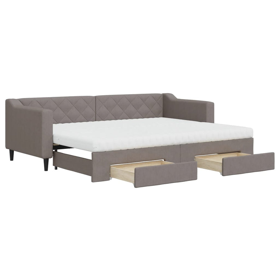 Slaapbank met onderschuifbed en lades 80x200 cm stof taupe 80 x 200 cm Taupe met onderschuifbed en lade en matras