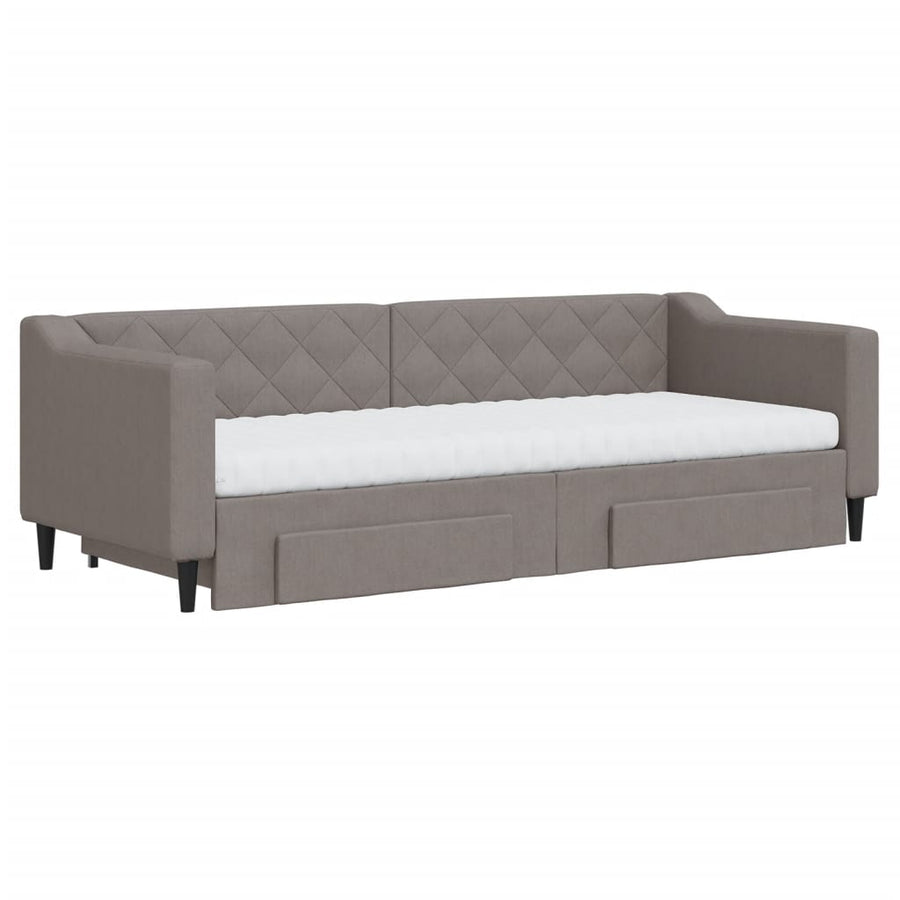 Slaapbank met onderschuifbed en lades 80x200 cm stof taupe 80 x 200 cm Taupe met onderschuifbed en lade en matras