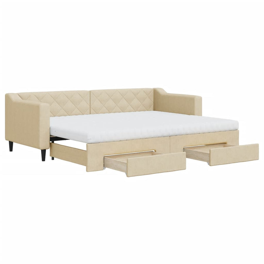 Slaapbank met onderschuifbed en lades 80x200 cm stof crèmekleur 80 x 200 cm Crème met onderschuifbed en lade en matras
