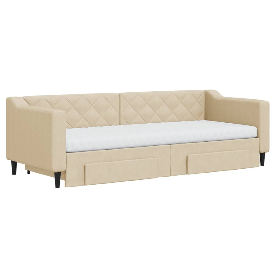 Slaapbank met onderschuifbed en lades 80x200 cm stof crèmekleur 80 x 200 cm Crème met onderschuifbed en lade en matras