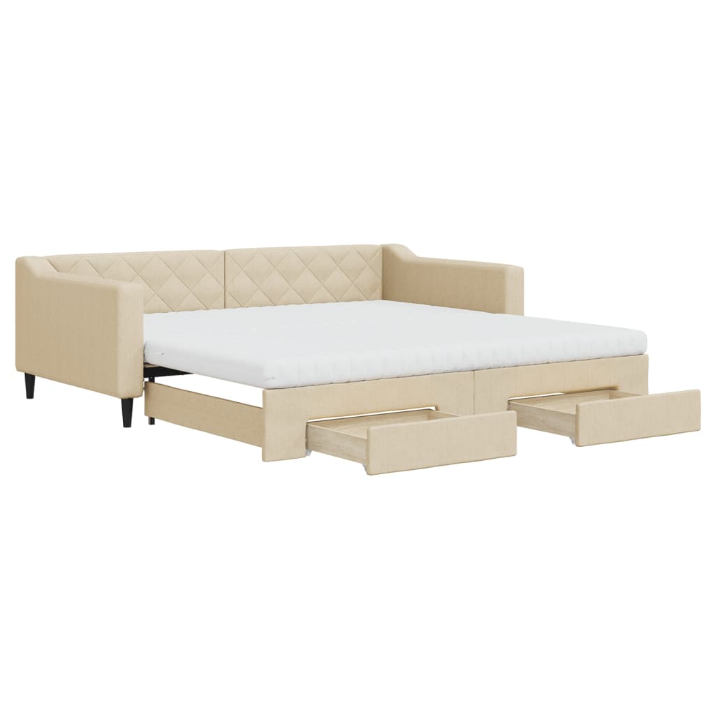 Slaapbank met onderschuifbed en lades 100x200 cm stof crème 100 x 200 cm Crème