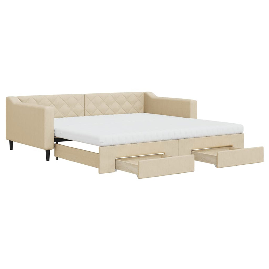 Slaapbank met onderschuifbed en lades 100x200 cm stof crème 100 x 200 cm Crème