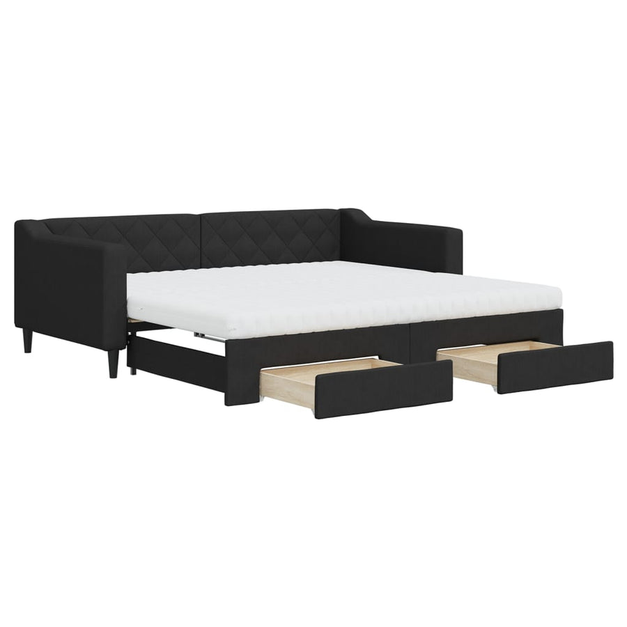 Slaapbank Met Onderschuifbed En Lades Stof 90 x 190 cm Zwart met onderschuifbed en lade en matras