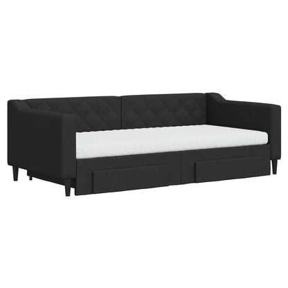 Slaapbank Met Onderschuifbed En Lades Stof 90 x 190 cm Zwart met onderschuifbed en lade en matras