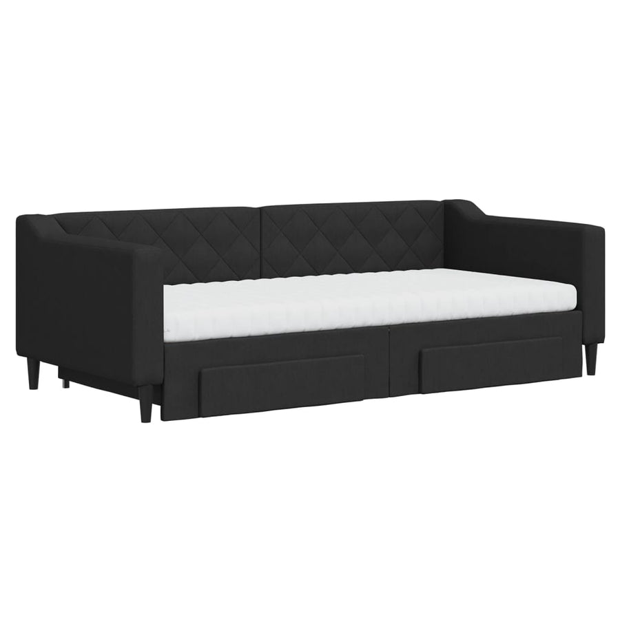Slaapbank Met Onderschuifbed En Lades Stof 90 x 190 cm Zwart met onderschuifbed en lade en matras
