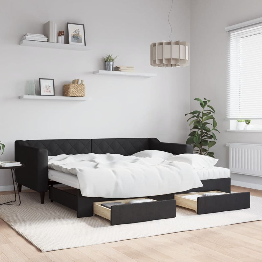 Slaapbank Met Onderschuifbed En Lades Stof 90 x 190 cm Zwart met onderschuifbed en lade en matras