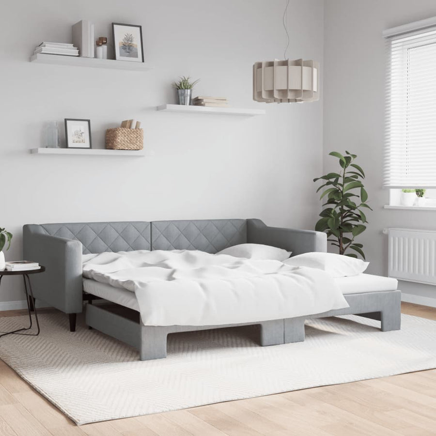 Slaapbank met onderschuifbed 100x190 cm stof lichtgrijs