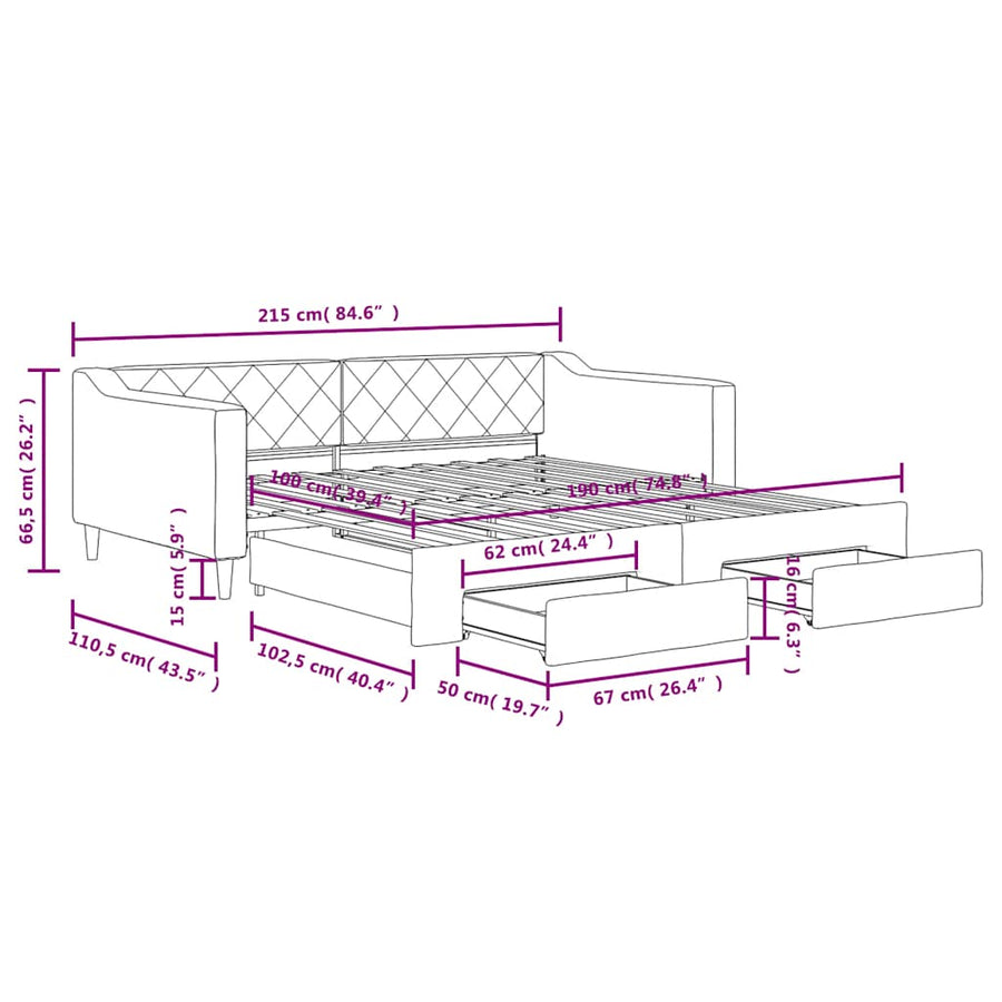 Slaapbank met onderschuifbed lades 100x190 cm stof lichtgrijs