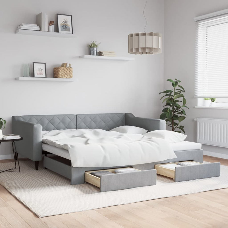 Slaapbank met onderschuifbed lades 100x190 cm stof lichtgrijs