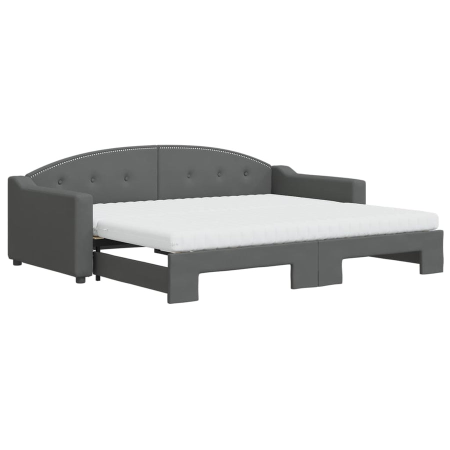 Slaapbank Onderschuifbed Matrassen Stof 90 x 200 cm Donkergrijs met onderschuifbed en matras