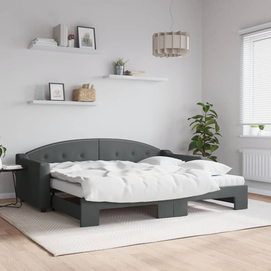 Slaapbank Onderschuifbed Matrassen Stof 90 x 200 cm Donkergrijs met onderschuifbed en matras