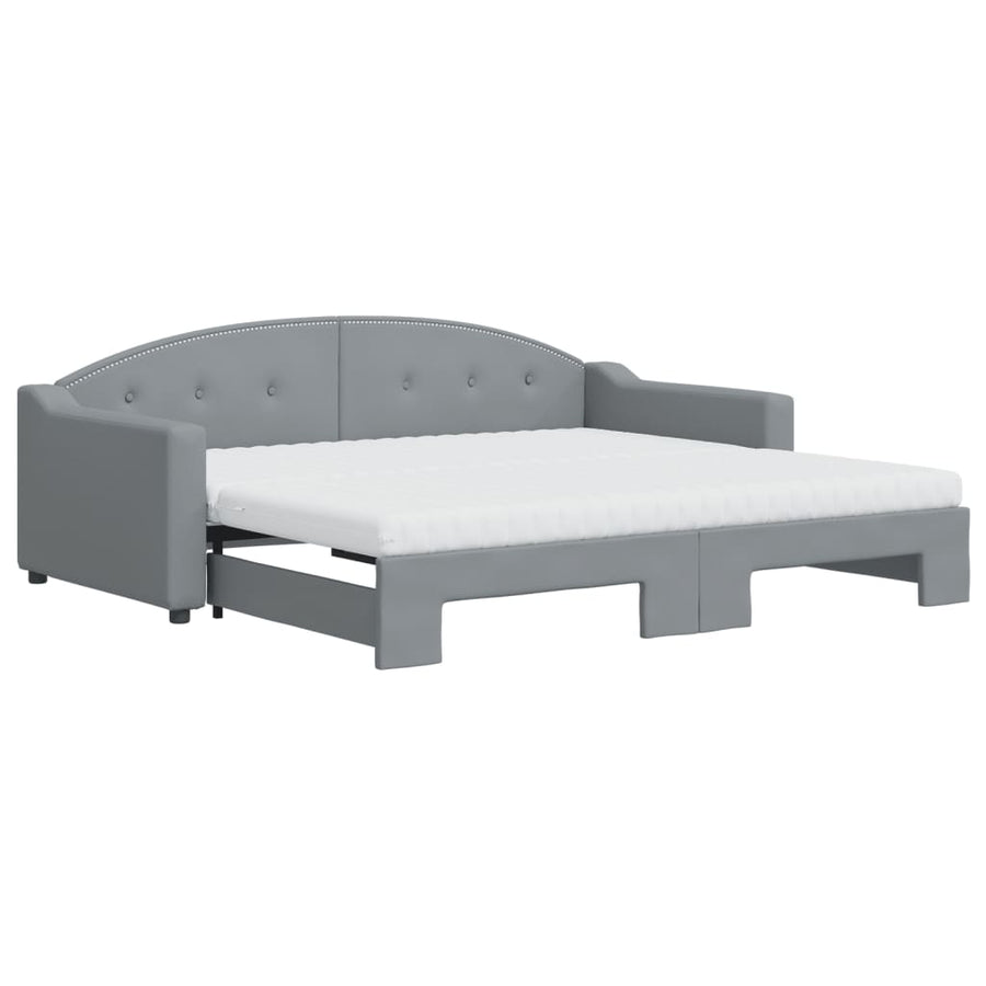 Slaapbank Onderschuifbed En Matrassen Stof 90 x 190 cm Lichtgrijs met onderschuifbed en matras