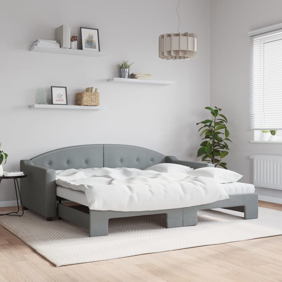 Slaapbank Onderschuifbed En Matrassen Stof 90 x 190 cm Lichtgrijs met onderschuifbed en matras