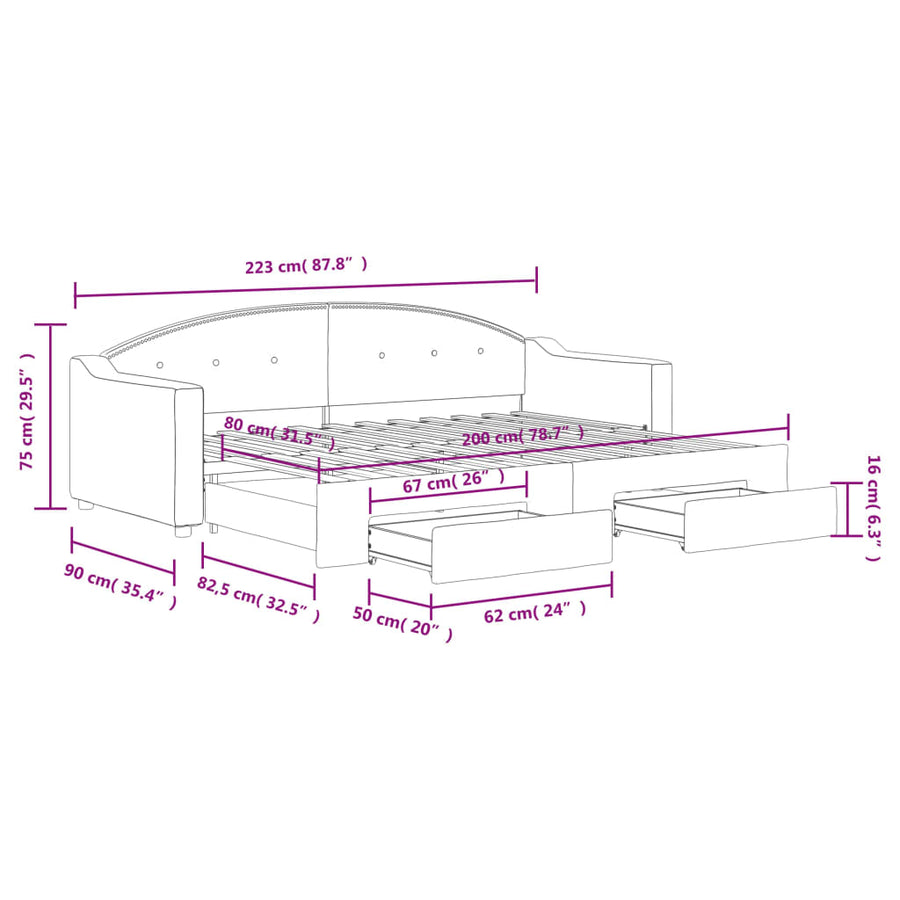Slaapbank Onderschuifbed En Lades Stof 80 x 200 cm Donkergrijs met onderschuifbed en lade