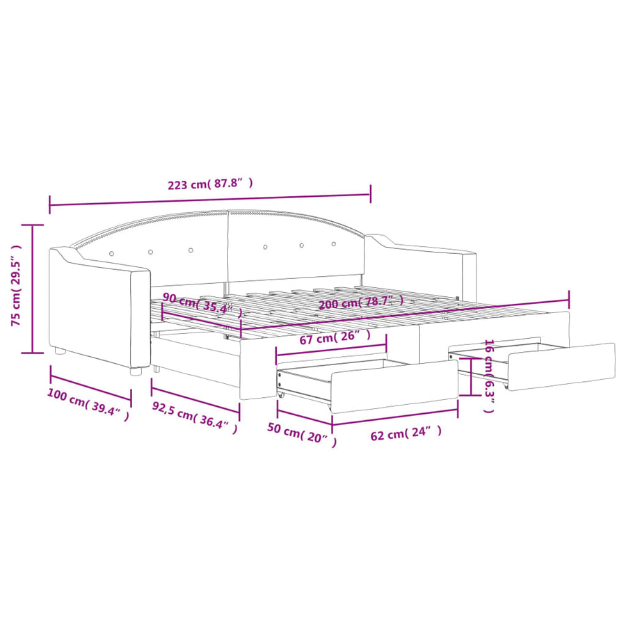 Slaapbank Onderschuifbed En Lades Stof 90 x 200 cm Donkergrijs met onderschuifbed en lade