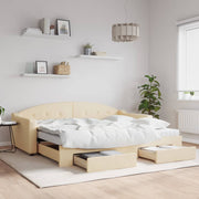 Slaapbank met onderschuifbed en lades 90x200 cm crème