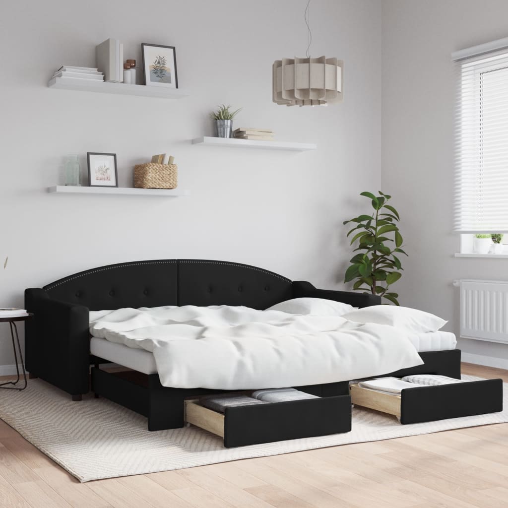 Slaapbank S Stof 90 x 190 cm Zwart met onderschuifbed en lade
