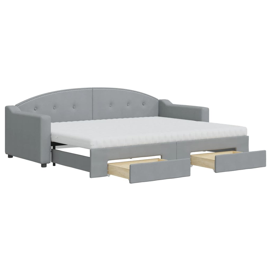 Slaapbank Met Onderschuifbed En Lades Stof 80 x 200 cm Lichtgrijs met onderschuifbed en lade en matras