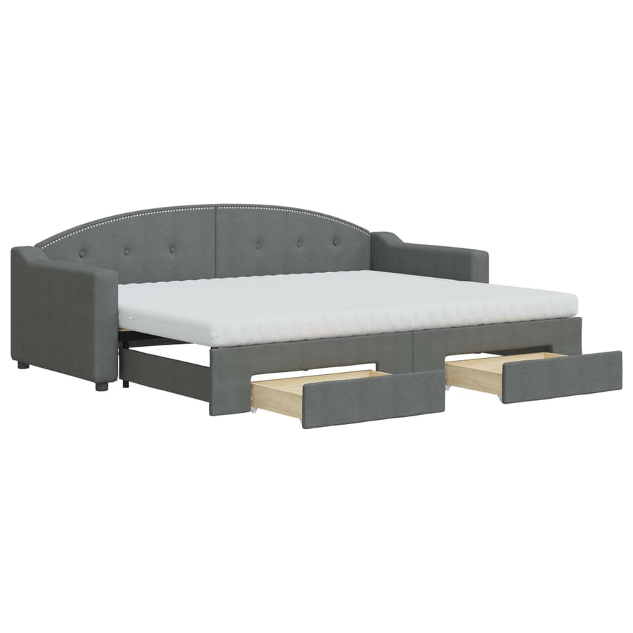 Slaapbank Onderschuifbed En Lades Stof 80 x 200 cm Donkergrijs met onderschuifbed en lade en matras