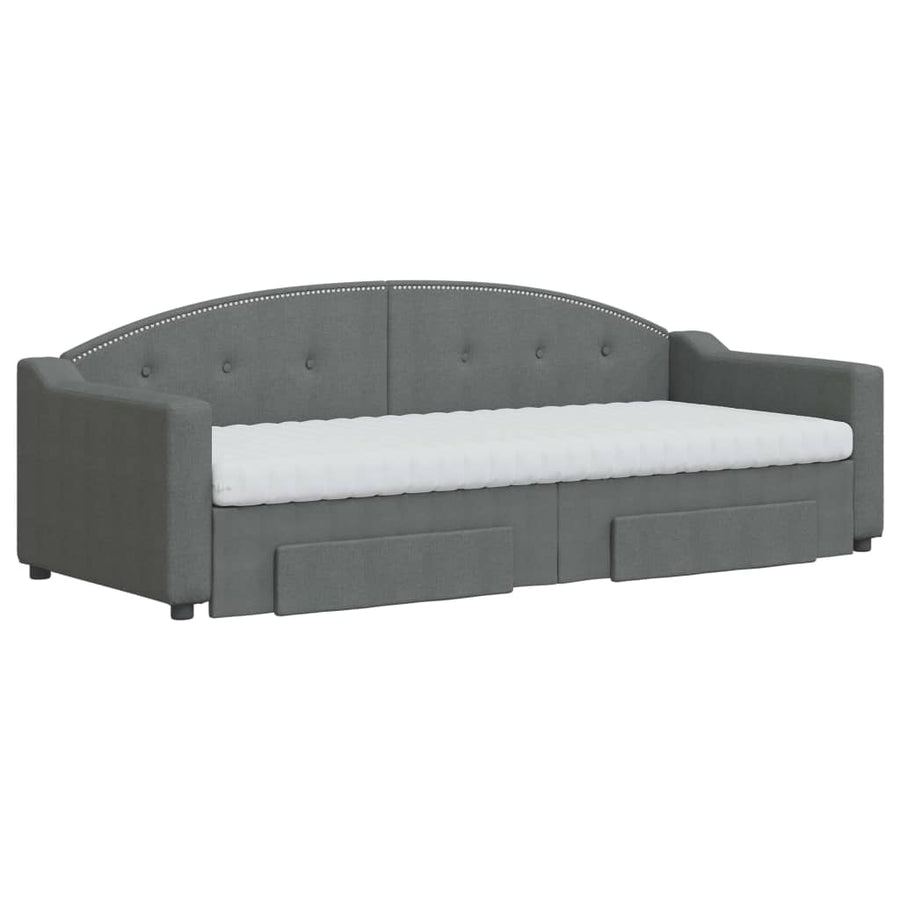 Slaapbank Onderschuifbed En Lades Stof 80 x 200 cm Donkergrijs met onderschuifbed en lade en matras