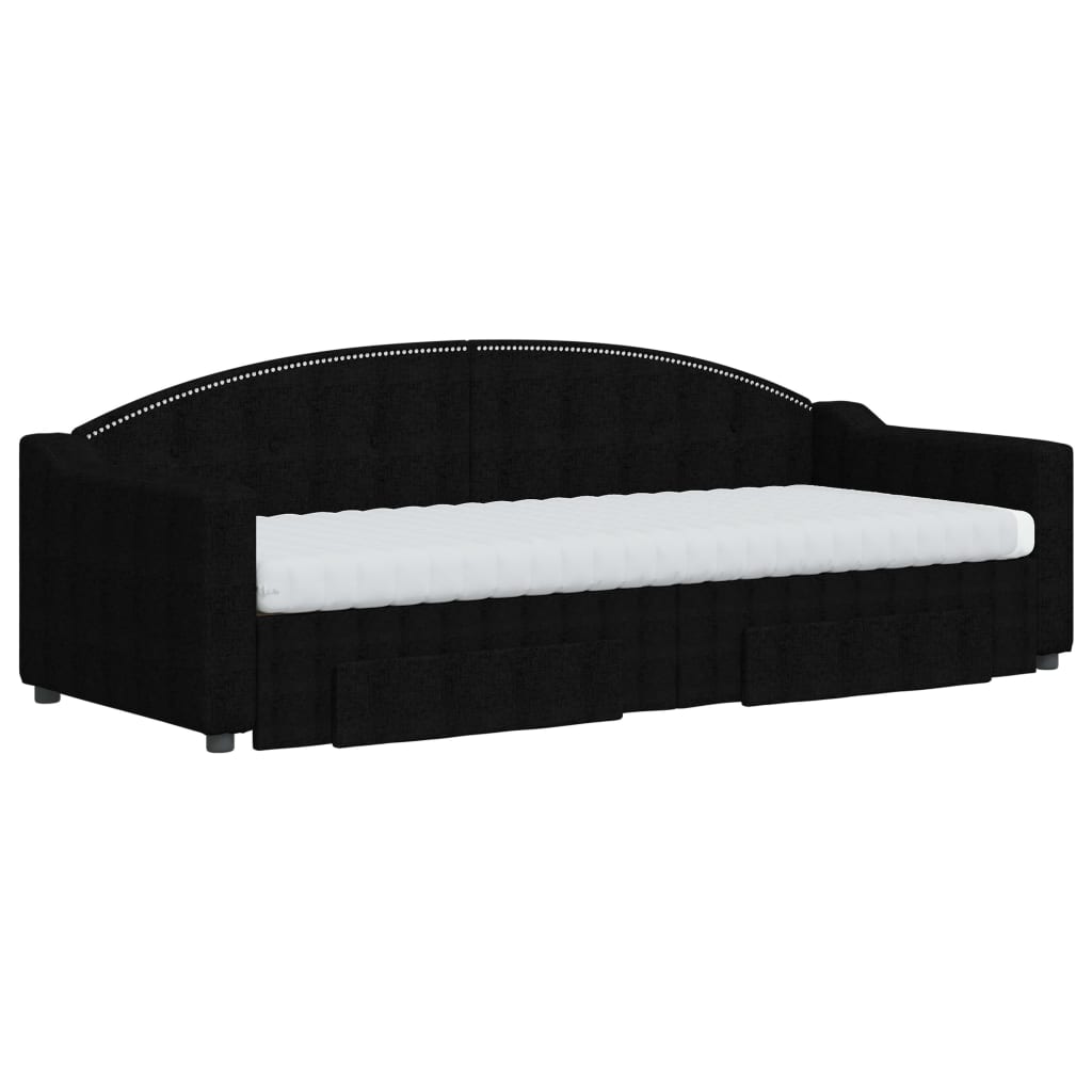 Slaapbank Met Onderschuifbed En Lades Stof 80 x 200 cm Zwart met onderschuifbed en lade en matras