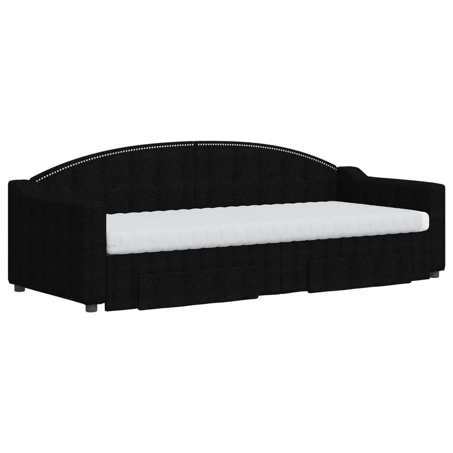 Slaapbank Met Onderschuifbed En Lades Stof 80 x 200 cm Zwart met onderschuifbed en lade en matras