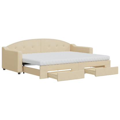 Slaapbank Met Onderschuifbed En Lades Stof Kleur 80 x 200 cm Crème met onderschuifbed en lade en matras