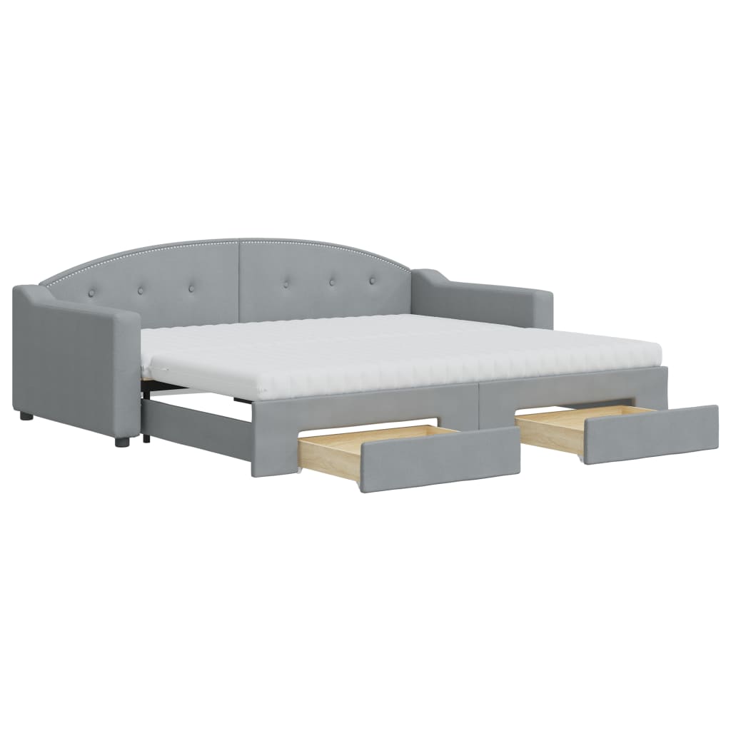 Slaapbank Met Onderschuifbed En Lades Stof 90 x 200 cm Lichtgrijs met onderschuifbed en lade en matras