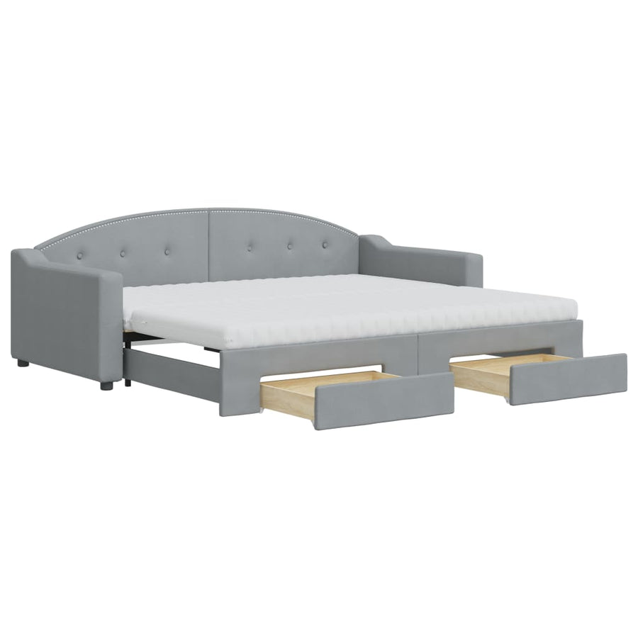 Slaapbank Met Onderschuifbed En Lades Stof 90 x 200 cm Lichtgrijs met onderschuifbed en lade en matras