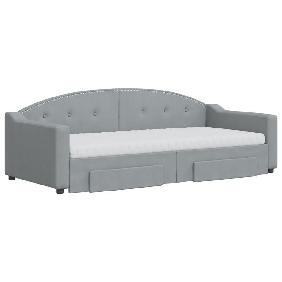 Slaapbank Met Onderschuifbed En Lades Stof 90 x 200 cm Lichtgrijs met onderschuifbed en lade en matras