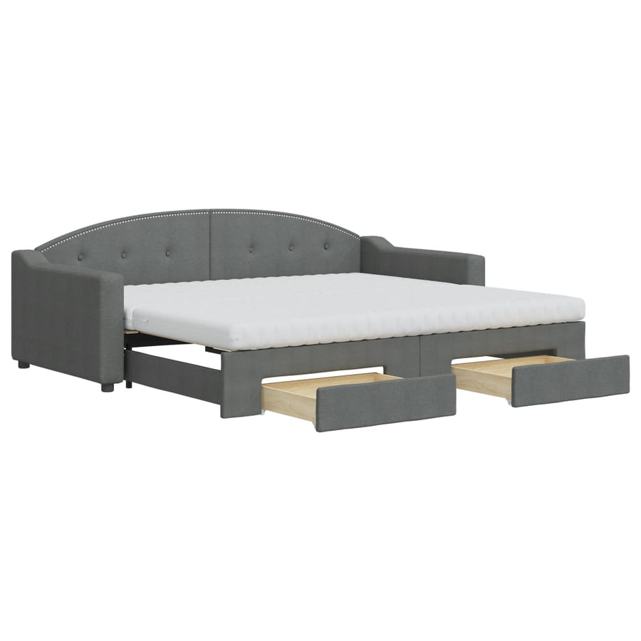 Slaapbank Onderschuifbed En Lades Stof 90 x 200 cm Donkergrijs met onderschuifbed en lade en matras