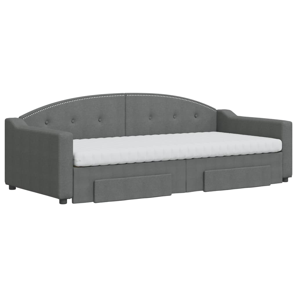 Slaapbank Onderschuifbed En Lades Stof 90 x 200 cm Donkergrijs met onderschuifbed en lade en matras