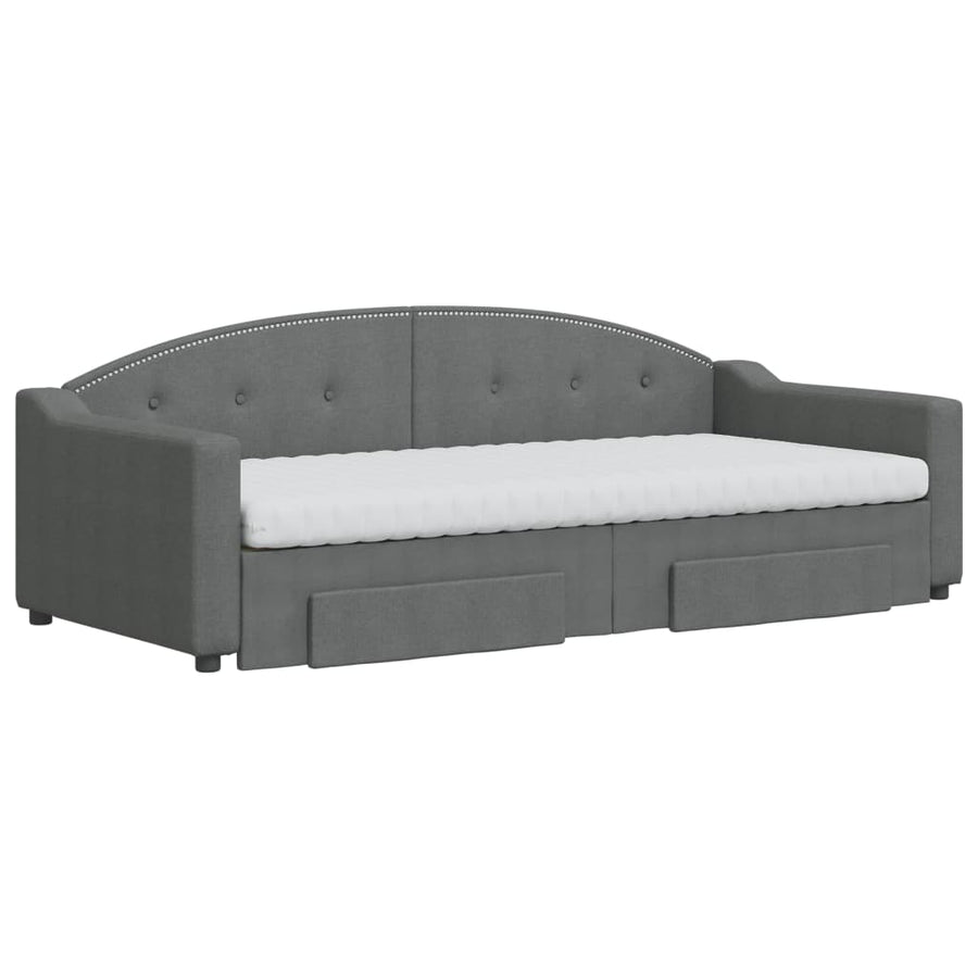 Slaapbank Onderschuifbed En Lades Stof 90 x 200 cm Donkergrijs met onderschuifbed en lade en matras