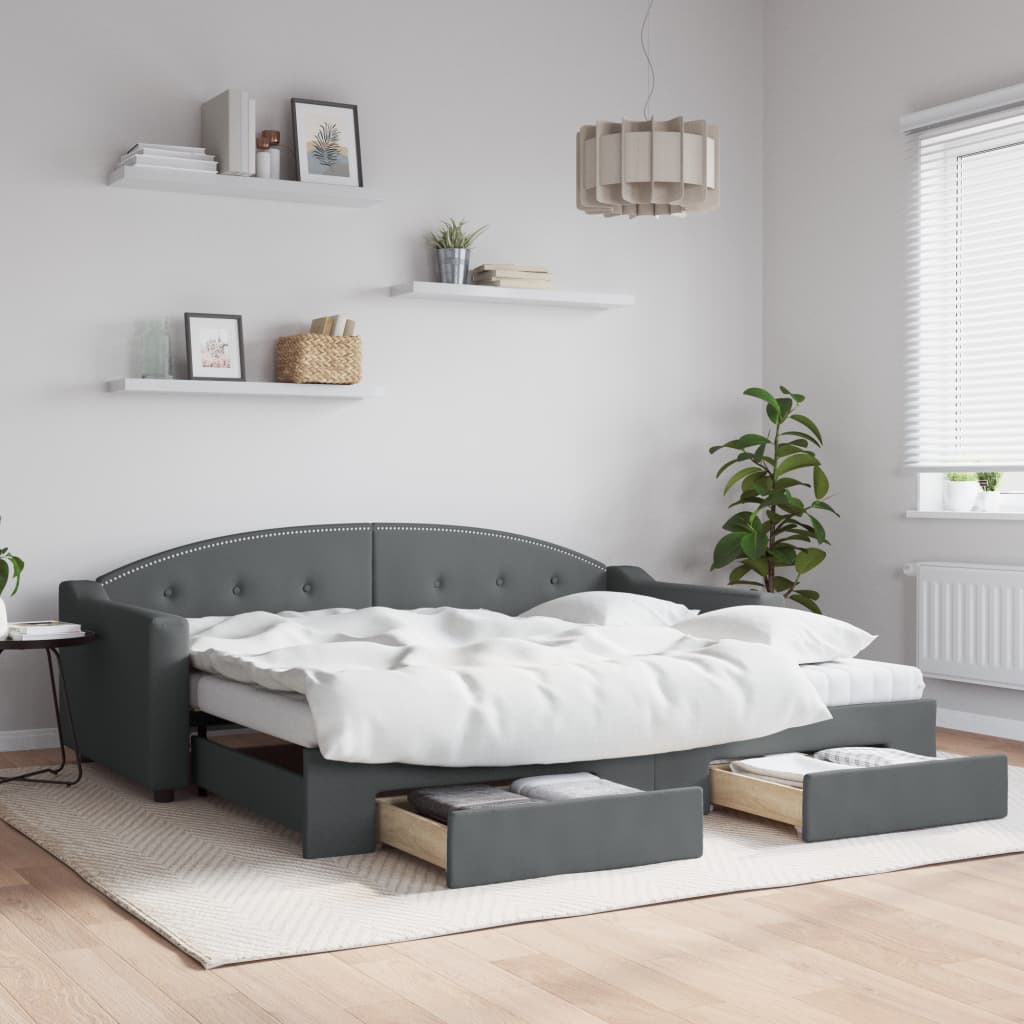 Slaapbank Onderschuifbed En Lades Stof 90 x 200 cm Donkergrijs met onderschuifbed en lade en matras