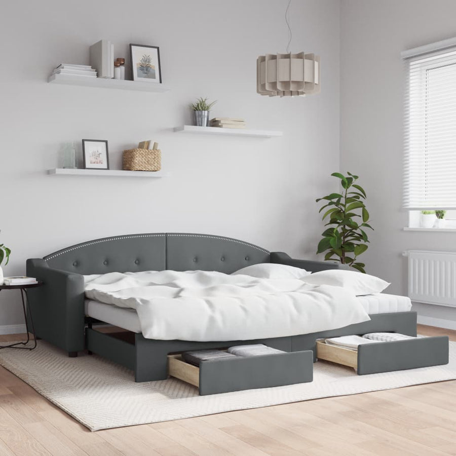 Slaapbank Onderschuifbed En Lades Stof 90 x 200 cm Donkergrijs met onderschuifbed en lade en matras