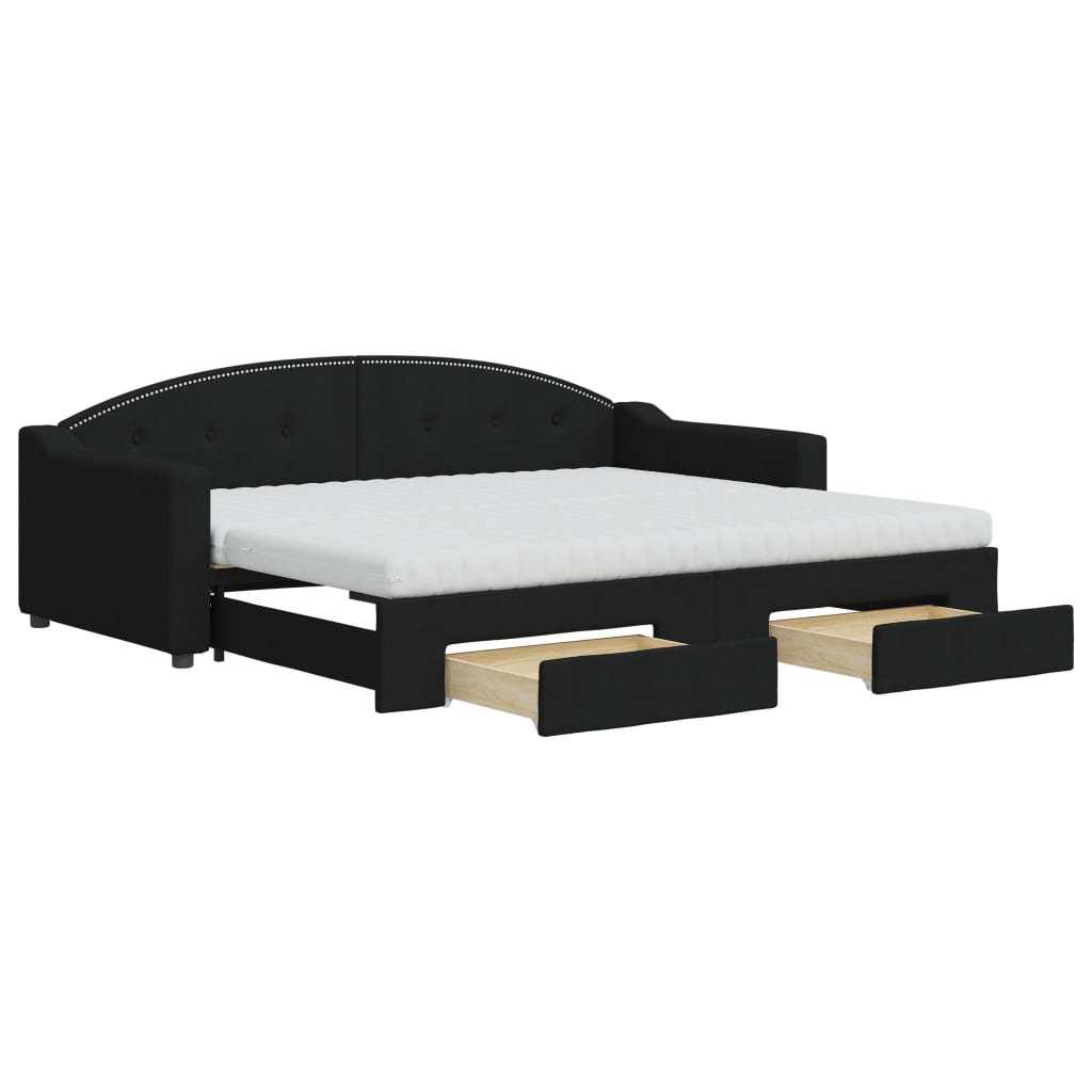 Slaapbank Met Onderschuifbed En Lades Stof 90 x 200 cm Zwart met onderschuifbed en lade en matras