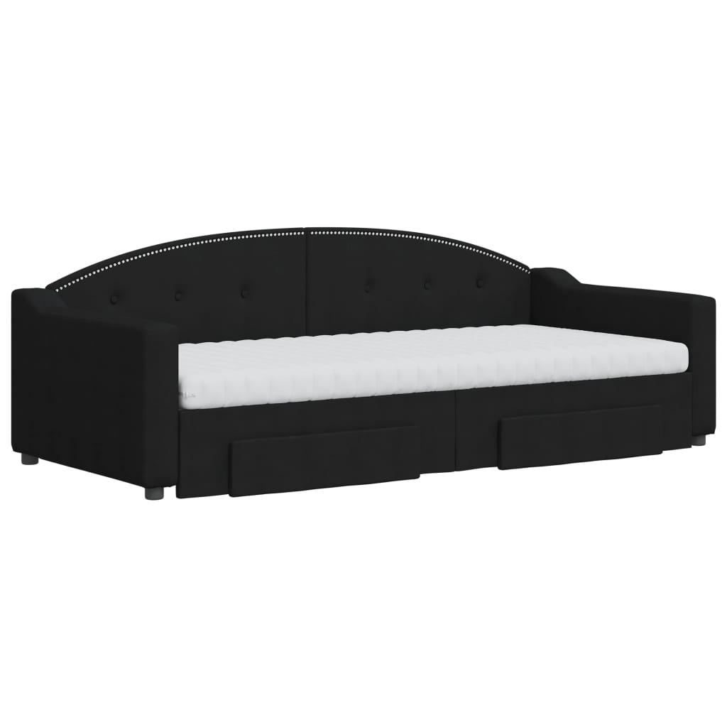 Slaapbank Met Onderschuifbed En Lades Stof 90 x 200 cm Zwart met onderschuifbed en lade en matras