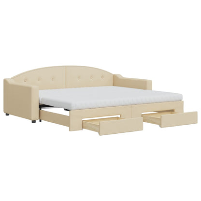 Slaapbank Met Onderschuifbed En Lades Stof Kleur 90 x 200 cm Crème met onderschuifbed en lade en matras