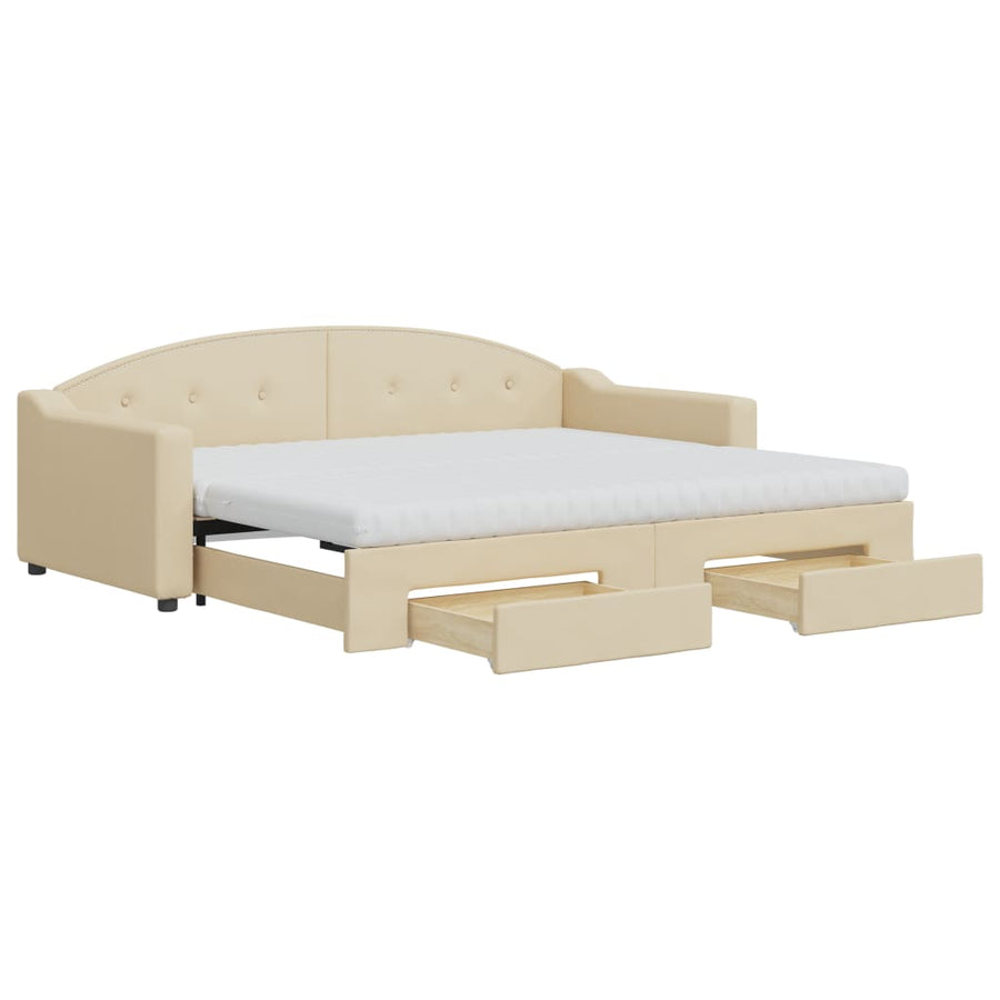 Slaapbank Met Onderschuifbed En Lades Stof Kleur 90 x 200 cm Crème met onderschuifbed en lade en matras