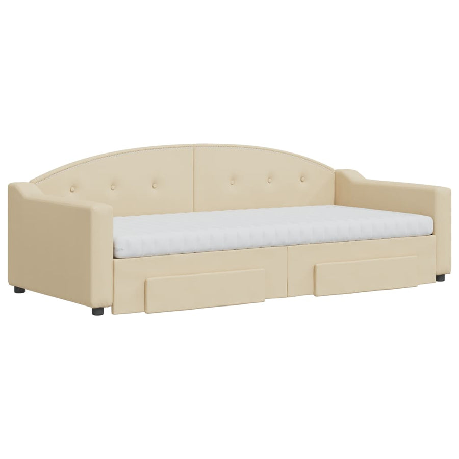 Slaapbank Met Onderschuifbed En Lades Stof Kleur 90 x 200 cm Crème met onderschuifbed en lade en matras